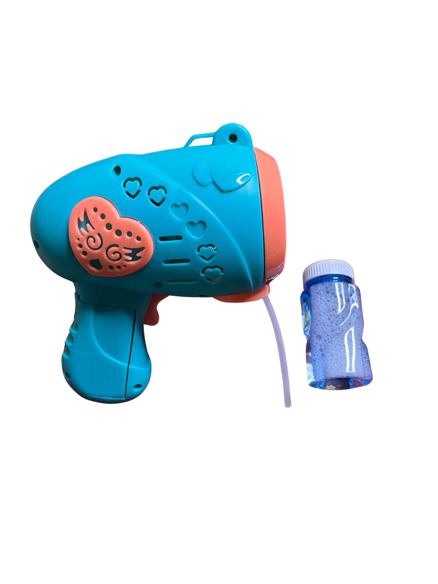 Blue and orange dinosaur bubble gun for kids with heart-shaped cutouts and bubble solution bottle