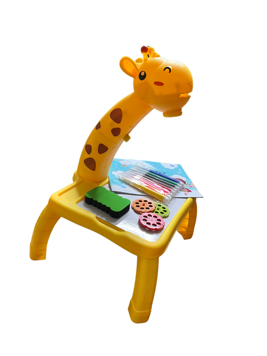 Yellow giraffe projection drawing board for kids with markers, stamps, and drawing paper on a black background