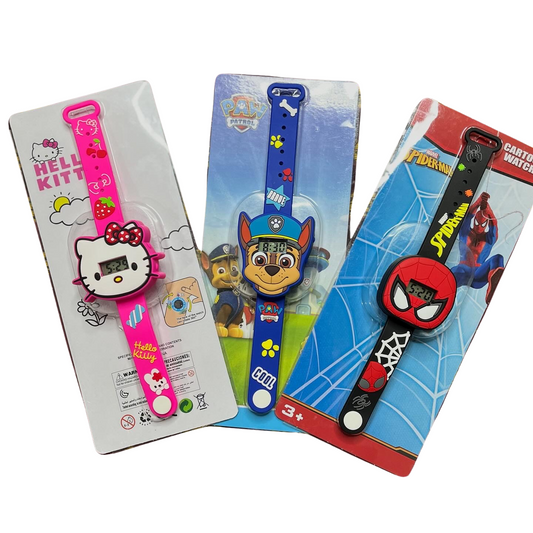 Kids cartoon digital watches featuring Hello Kitty pink watch, Paw Patrol blue watch, and Spider-Man black watch