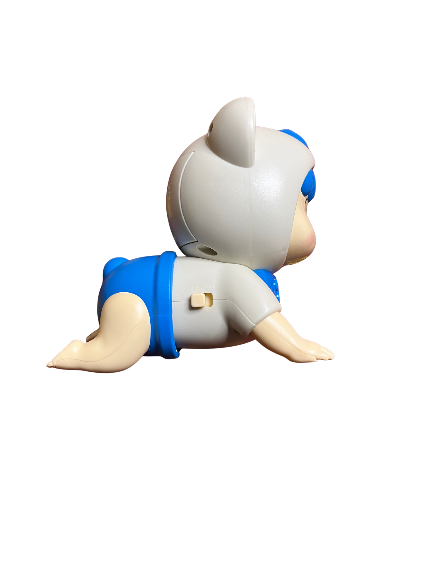 Cute pet climbing baby toy in white and blue crawling on all fours with a wind-up key
