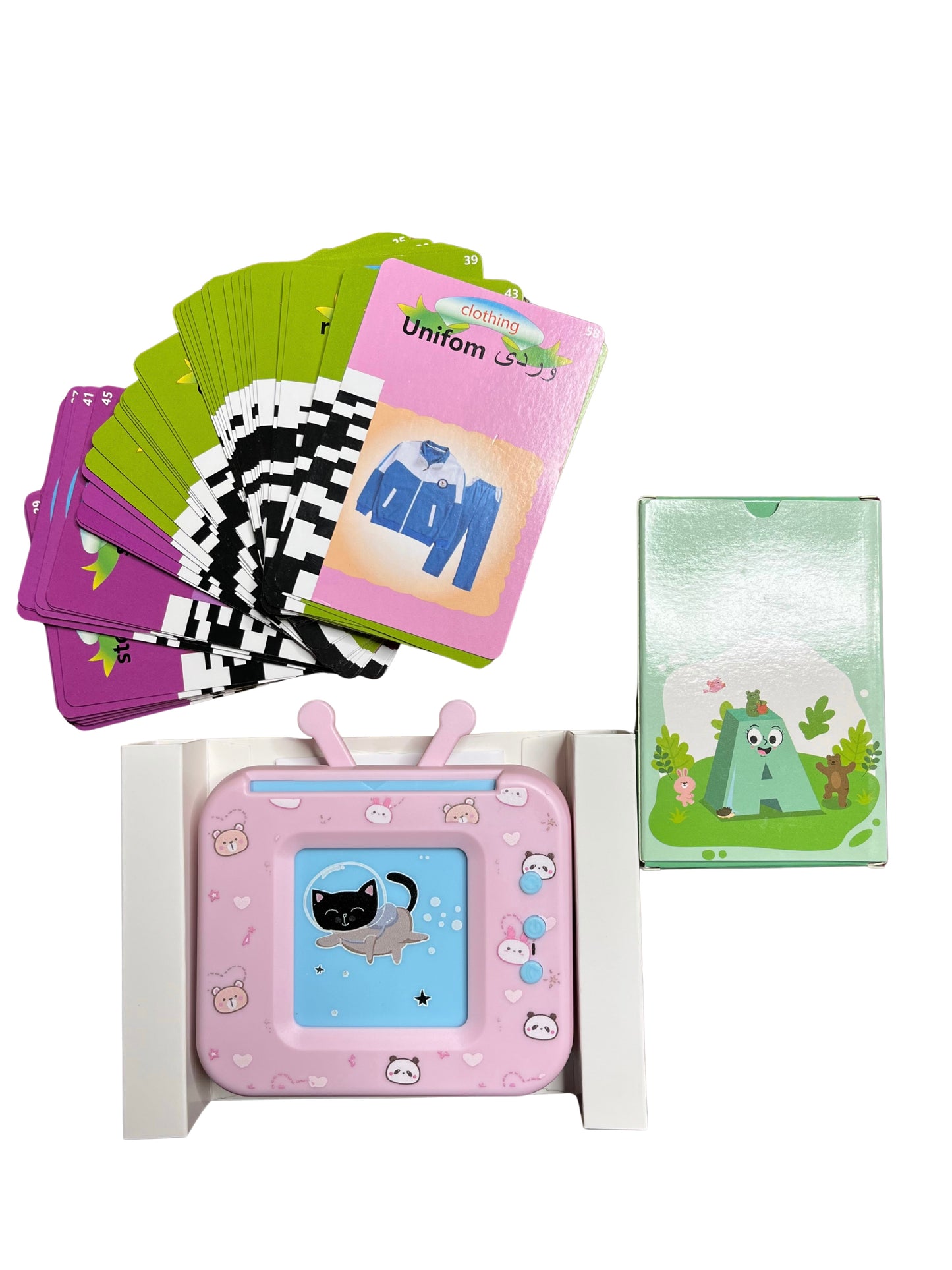 Pink talking flash cards learning toy with colorful educational cards and animal illustrations