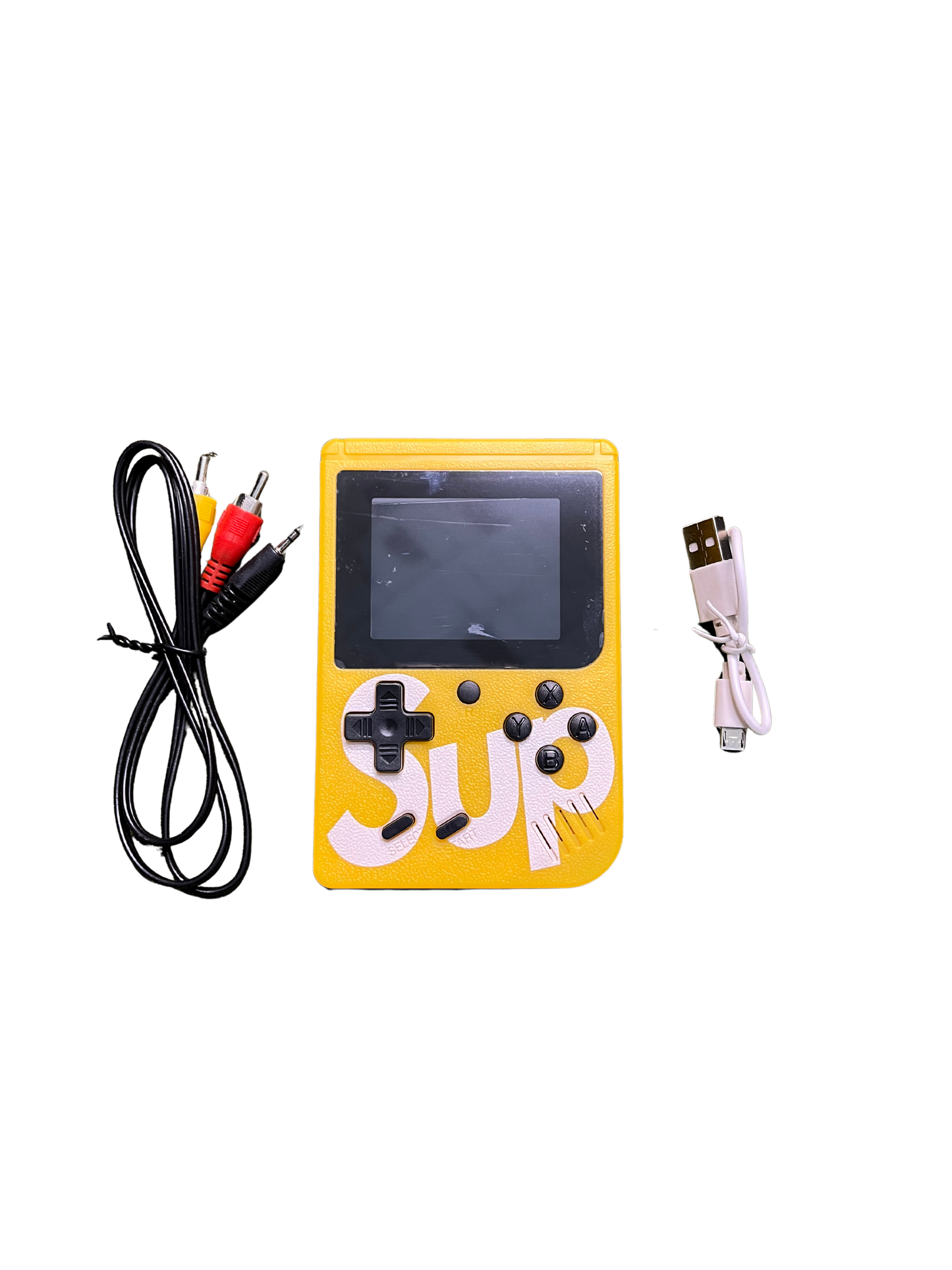 Yellow SUP Game Box handheld console with screen, control buttons, USB charging cable, and AV cable