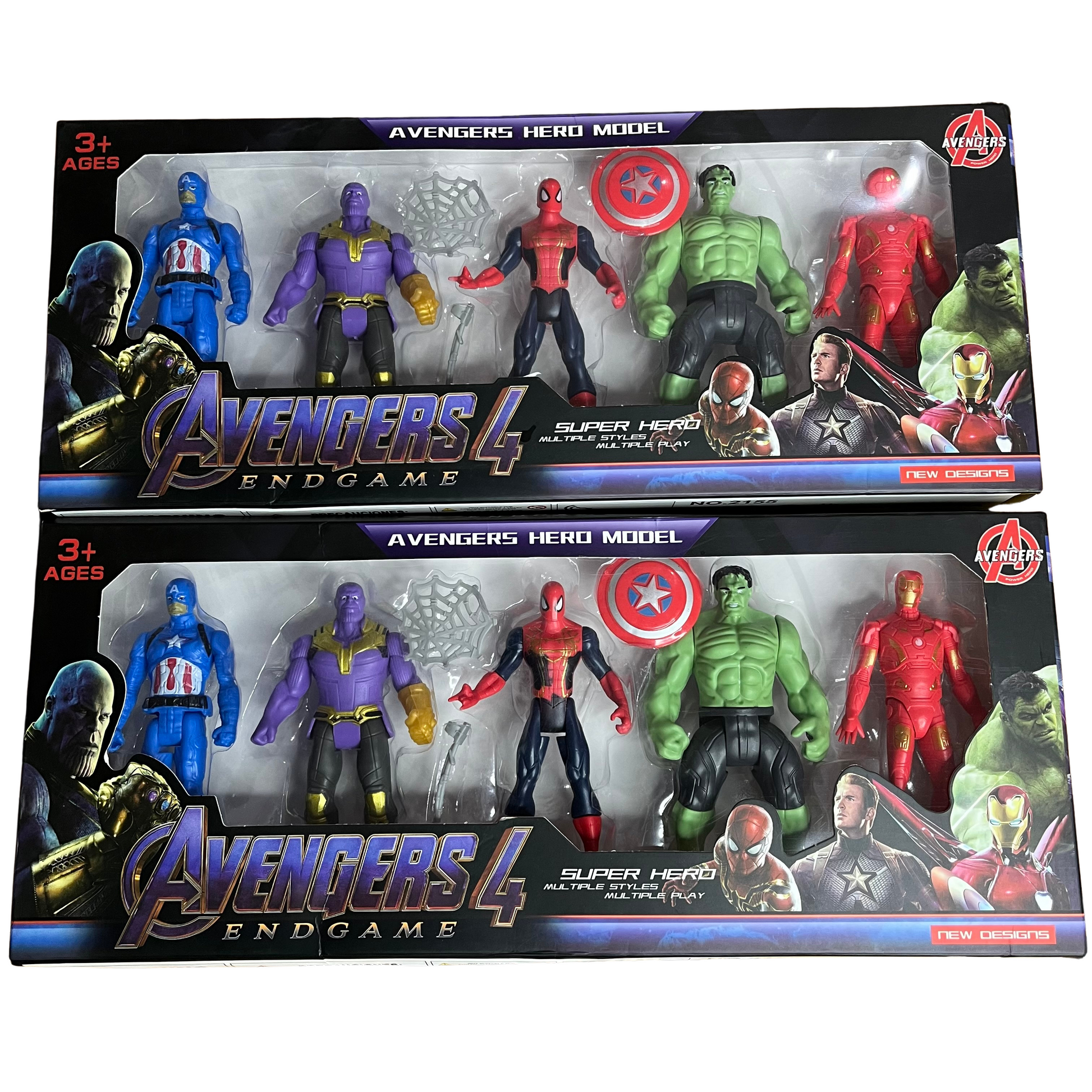 Avengers action figure set featuring Captain America, Thanos, Spider-Man, Hulk, and Iron Man from Avengers 4 Endgame