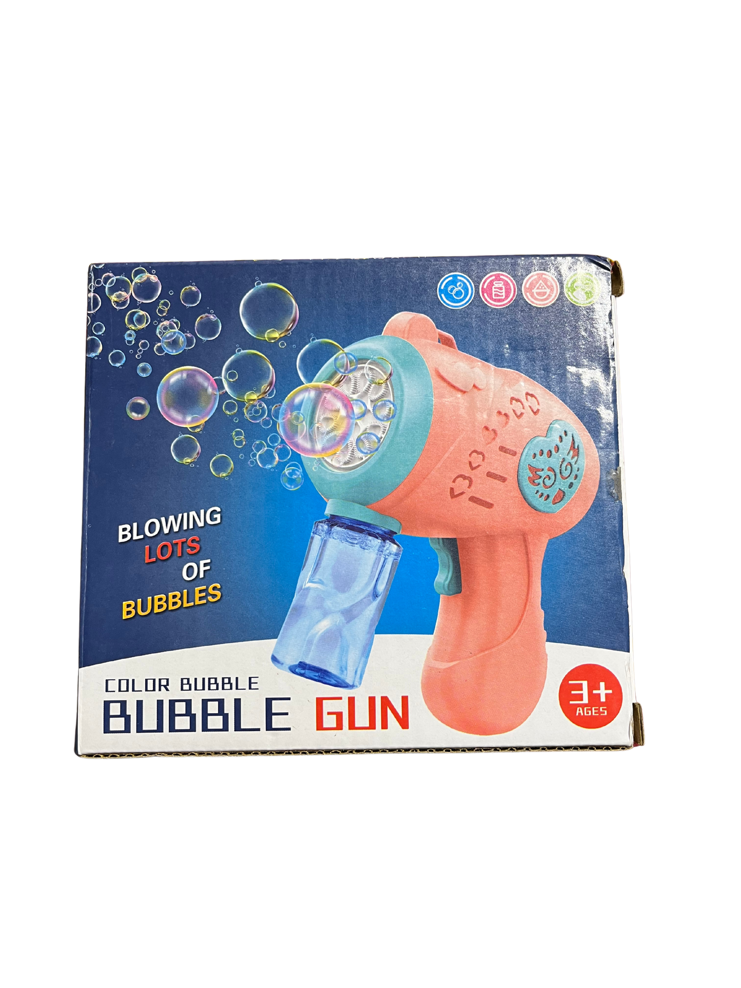 Dinosaur bubble gun for kids in orange and blue blowing lots of colorful bubbles on packaging