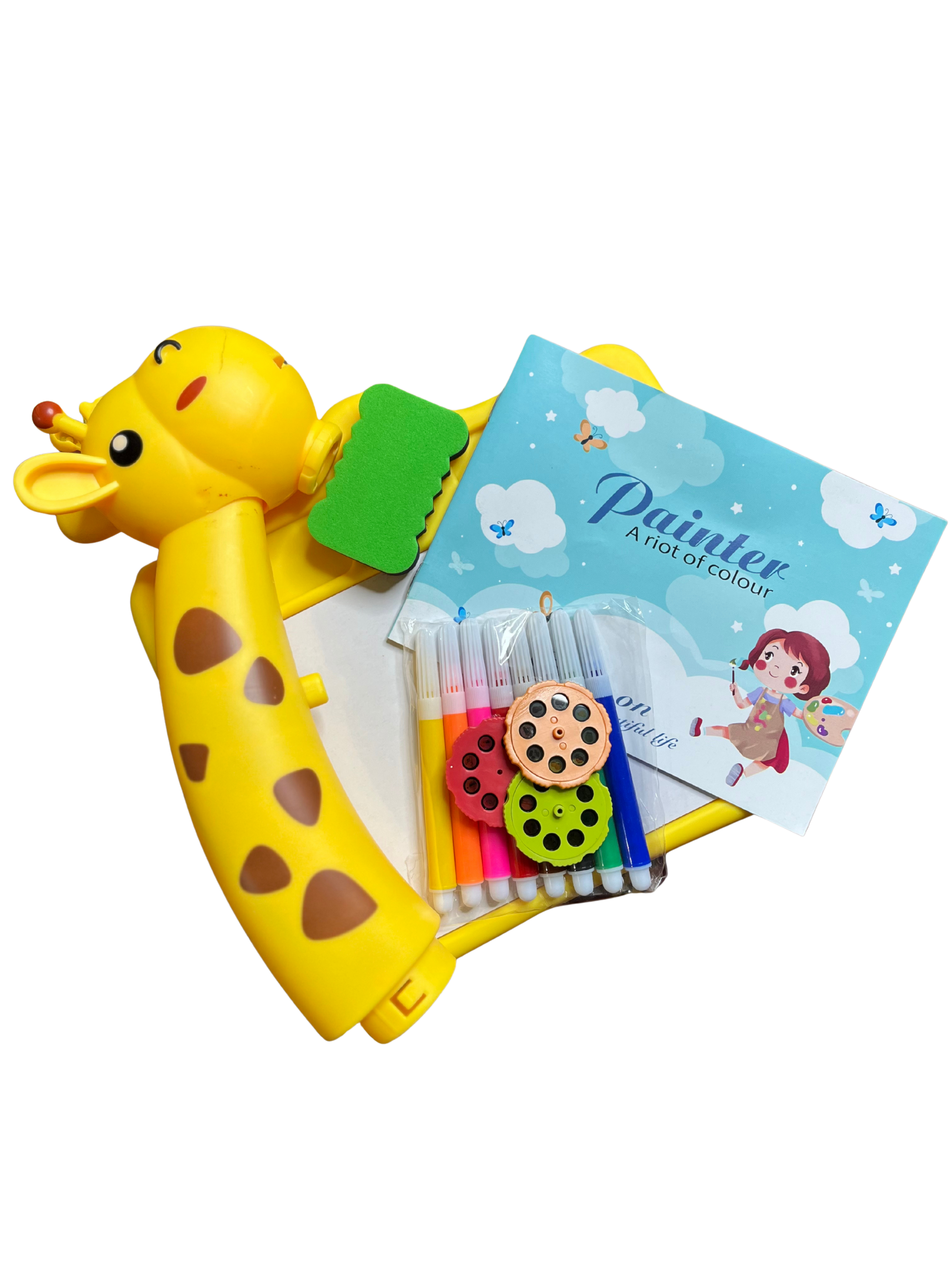 Bright yellow giraffe projection drawing board for kids with markers and color wheels included
