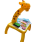 Yellow giraffe projection drawing board for kids with markers, stamps, and drawing paper on a black background