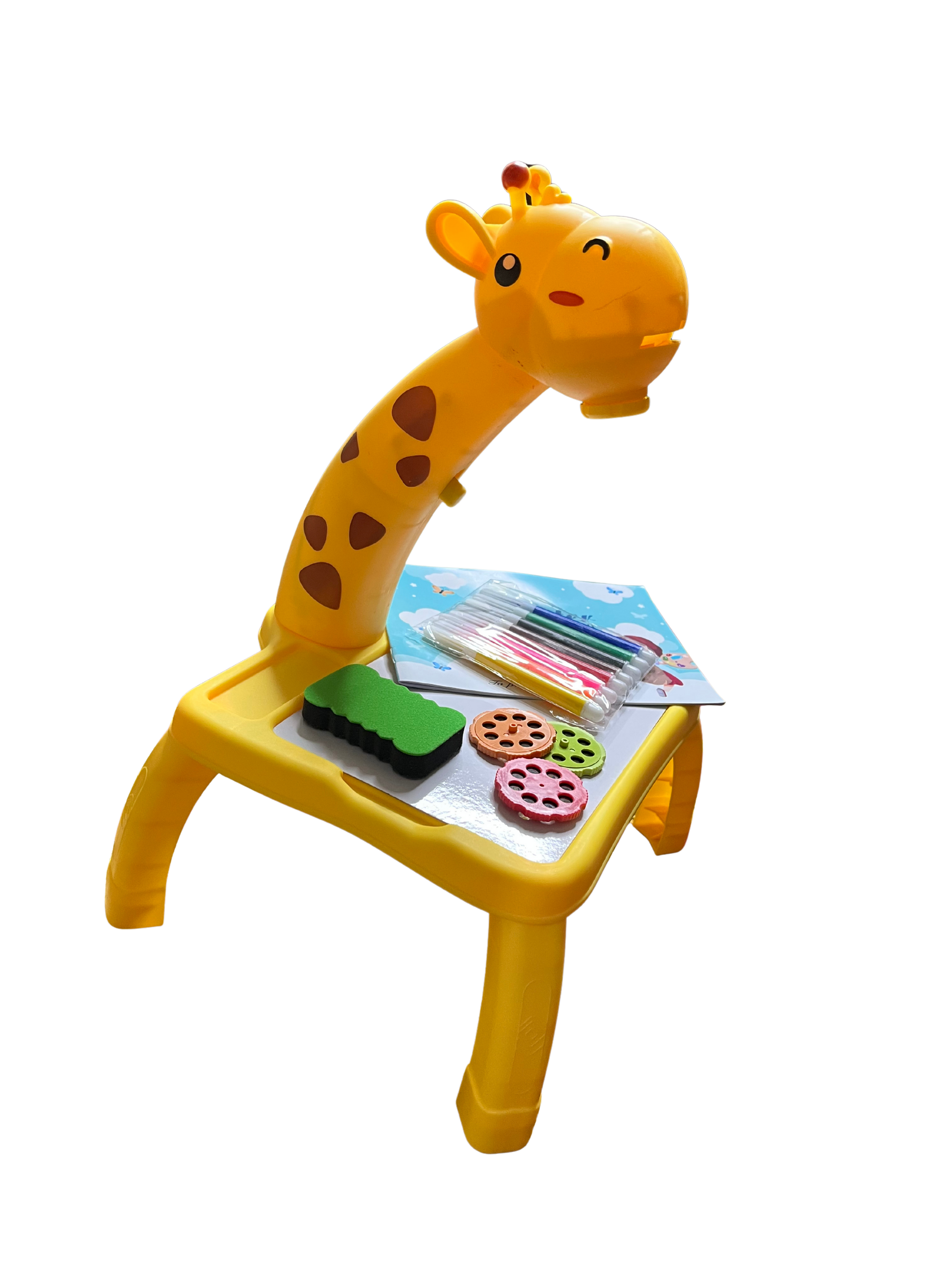 Yellow giraffe projection drawing board for kids with markers, stamps, and drawing paper on a black background