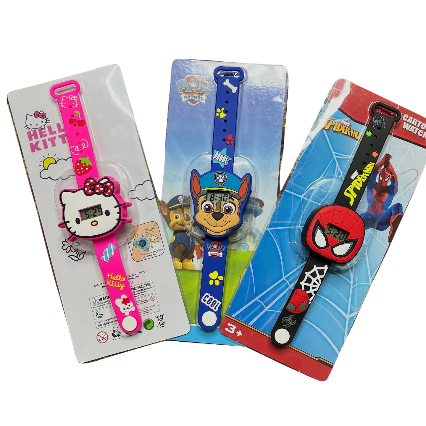 Kids cartoon digital watches featuring Hello Kitty pink watch, Paw Patrol blue watch, and Spider-Man black watch