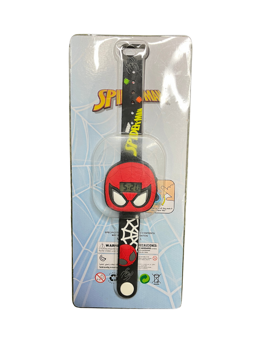Spiderman kids cartoon digital watches with red and black superhero design in packaging