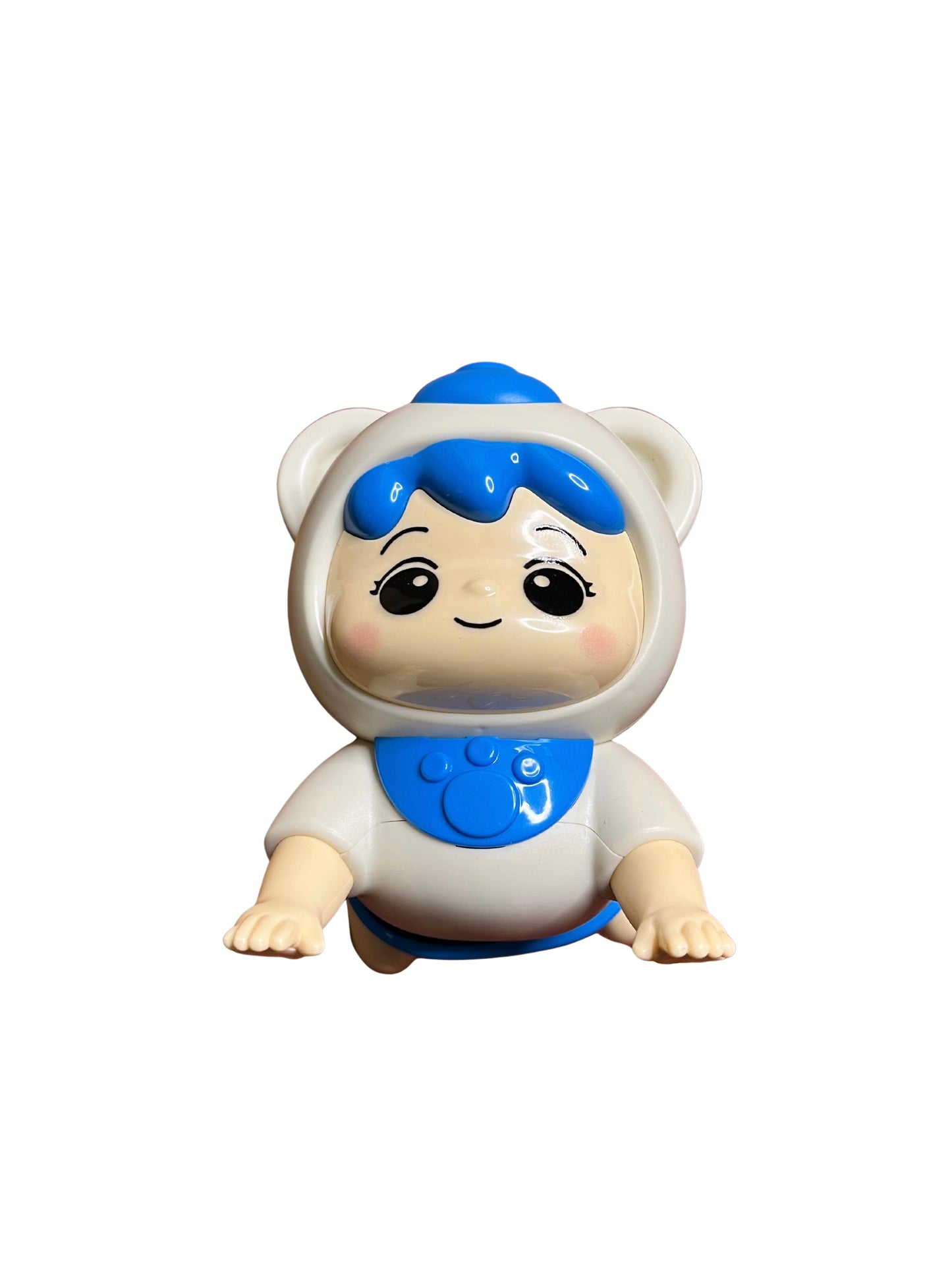 Cute pet climbing baby toy in white and blue worn by child figure crawling forward