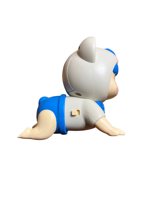 Cute pet climbing baby toy in white and blue crawling on all fours with a wind-up key