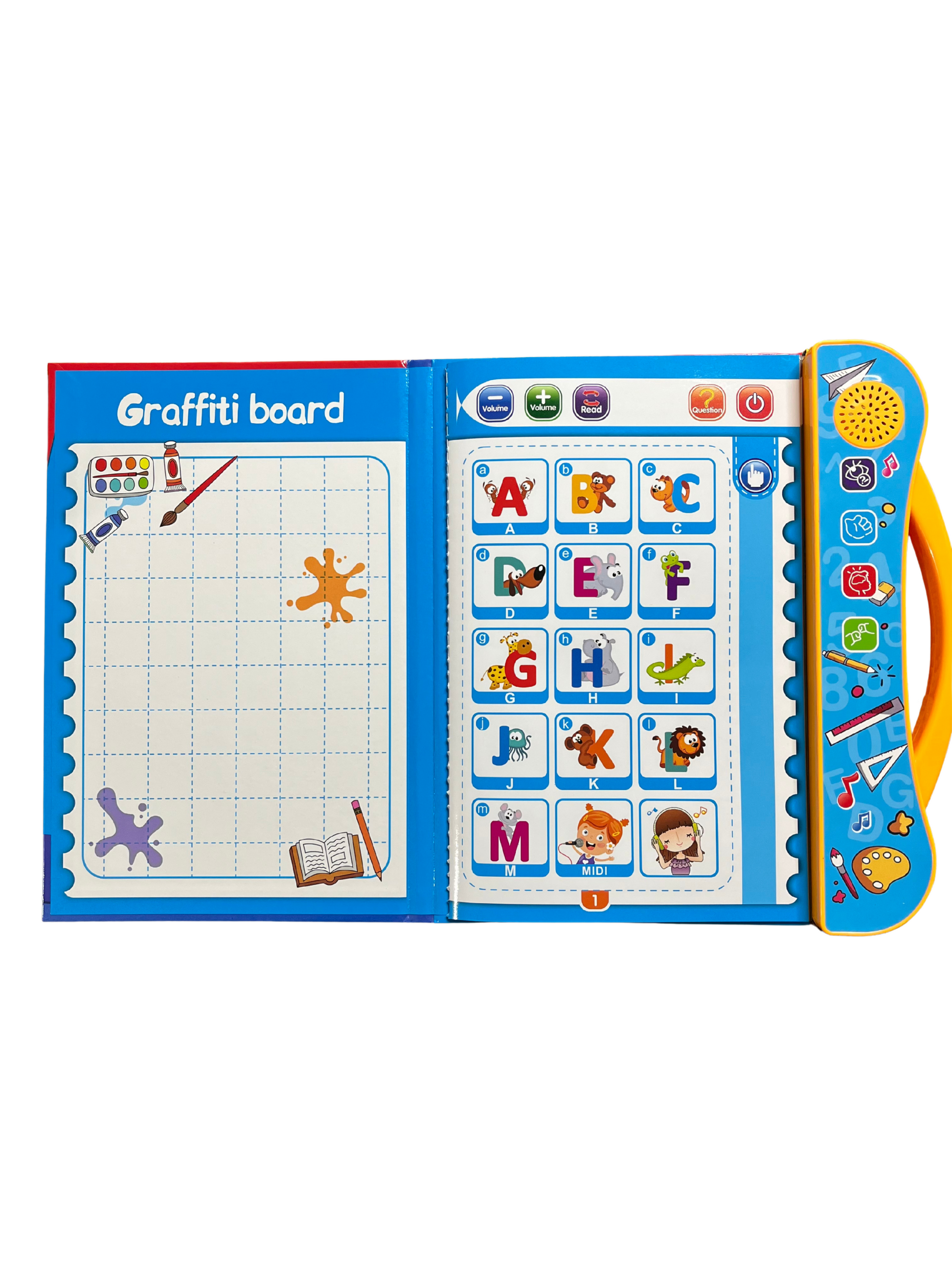 Colorful interactive abc learning book with alphabet buttons and graffiti board for kids