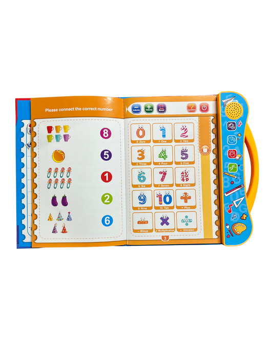 Interactive abc learning book open to a colorful counting and numbers activity with sound buttons