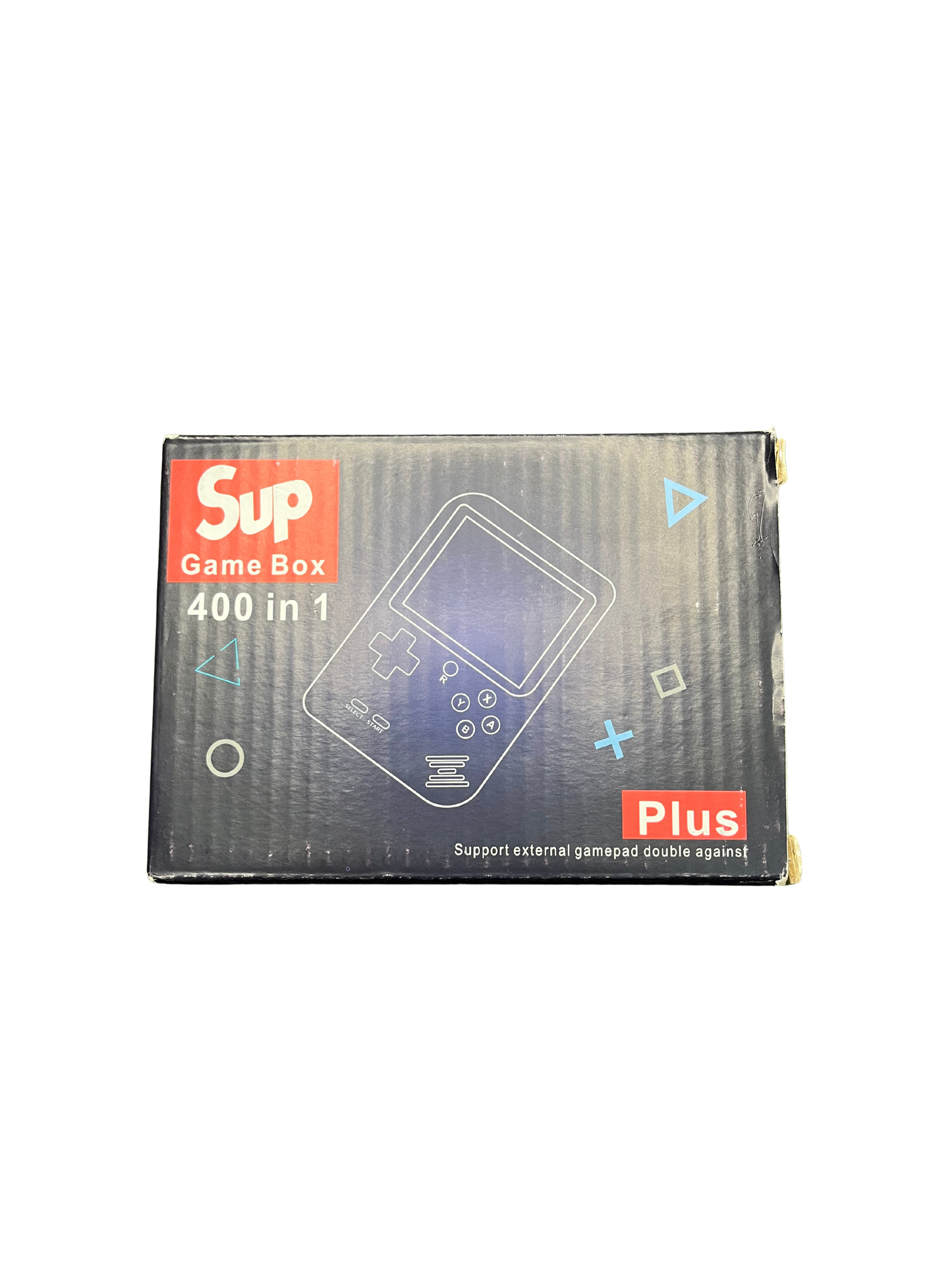 SUP Game Box handheld console packaging box showing 400 in 1 games with plus support