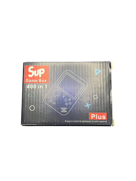 SUP Game Box handheld console packaging box showing 400 in 1 games with plus support